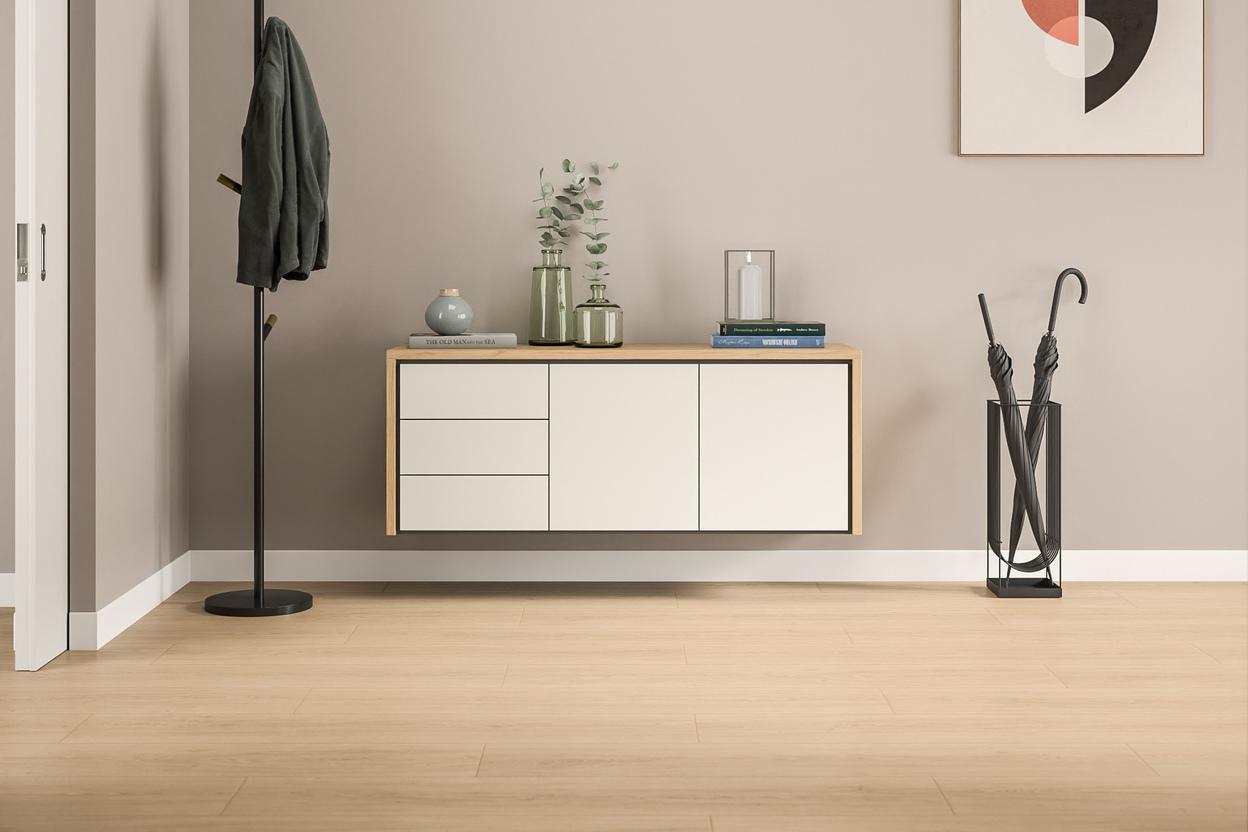 Schwebendes Hängeboard nach Maß in Cremeweiß mit Holzoberfläche und klaren Linien, ausgestattet mit Schubladen, sorgt für stilvollen Stauraum beim Eingang.